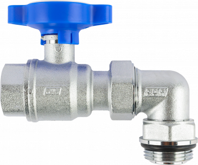 Кран шаровой FAR 3/4"-1", ВР-"американка" EPDM, угловой, син. бабочка под термометр, хром